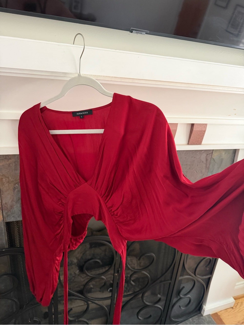 Bright Red V-Neck Tie-back Blouse